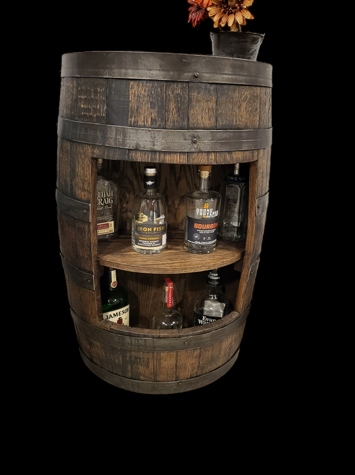 Half whiskey barrel online cabinet